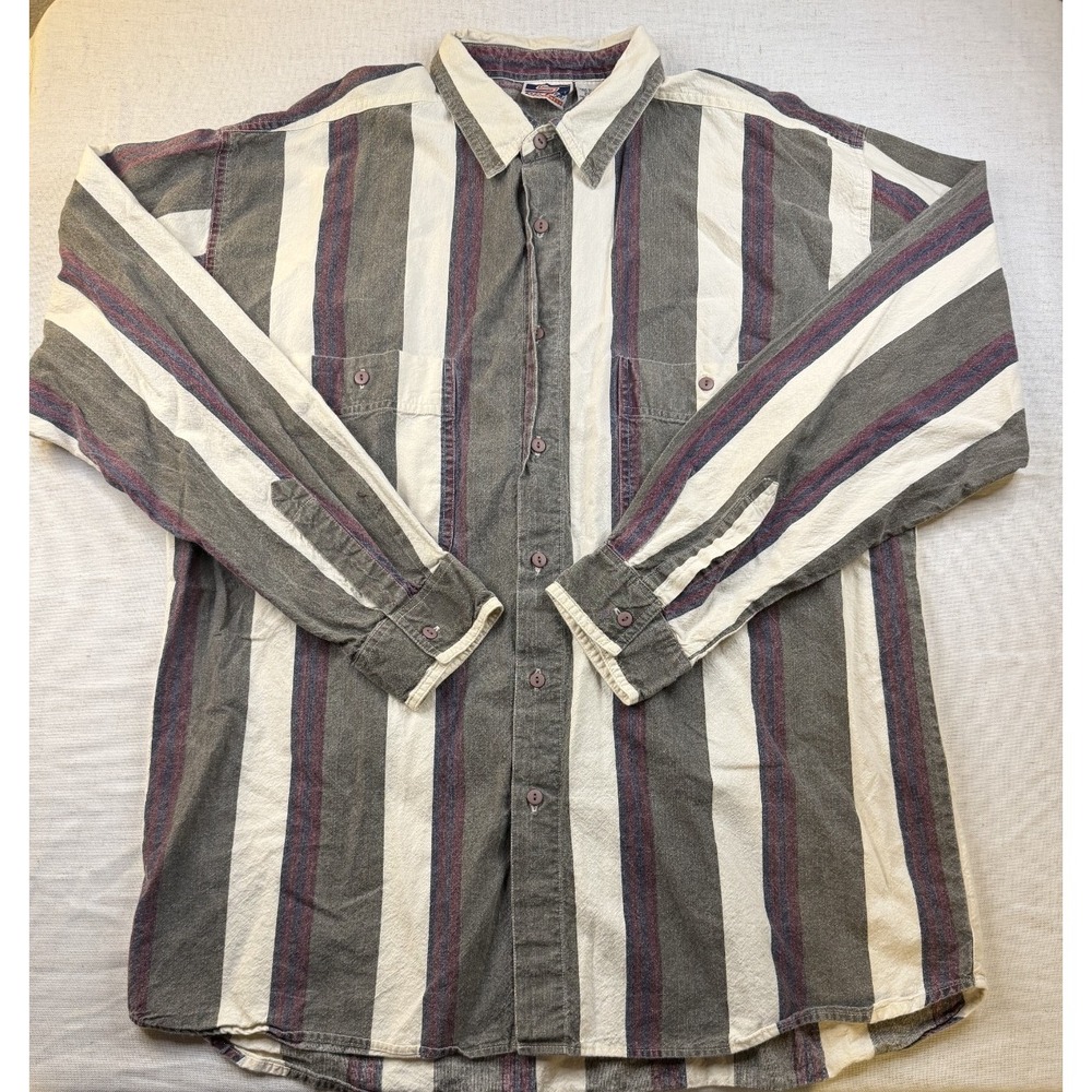 VTG Shah Safari Shirt Mens Xl Striped Railroad Burgundy Green Stripe Button Up